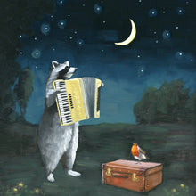 Load image into Gallery viewer, Anthropomorphic Animal Art by Kim Ferreira; Raccoon Serenading Crescent Moon with Accordion