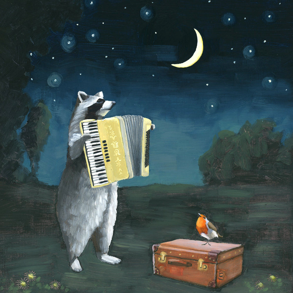Anthropomorphic Animal Art by Kim Ferreira; Raccoon Serenading Crescent Moon with Accordion