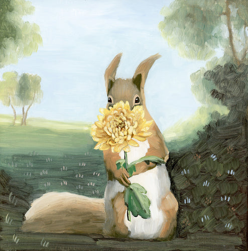 Squirrel w/ Chrysanthemum - 8x8 original oil painting