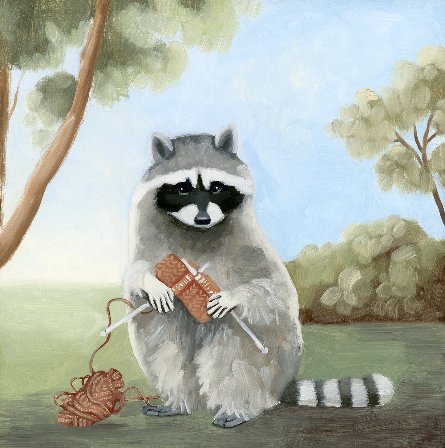 Raccoon Knitting Art  (8x8)