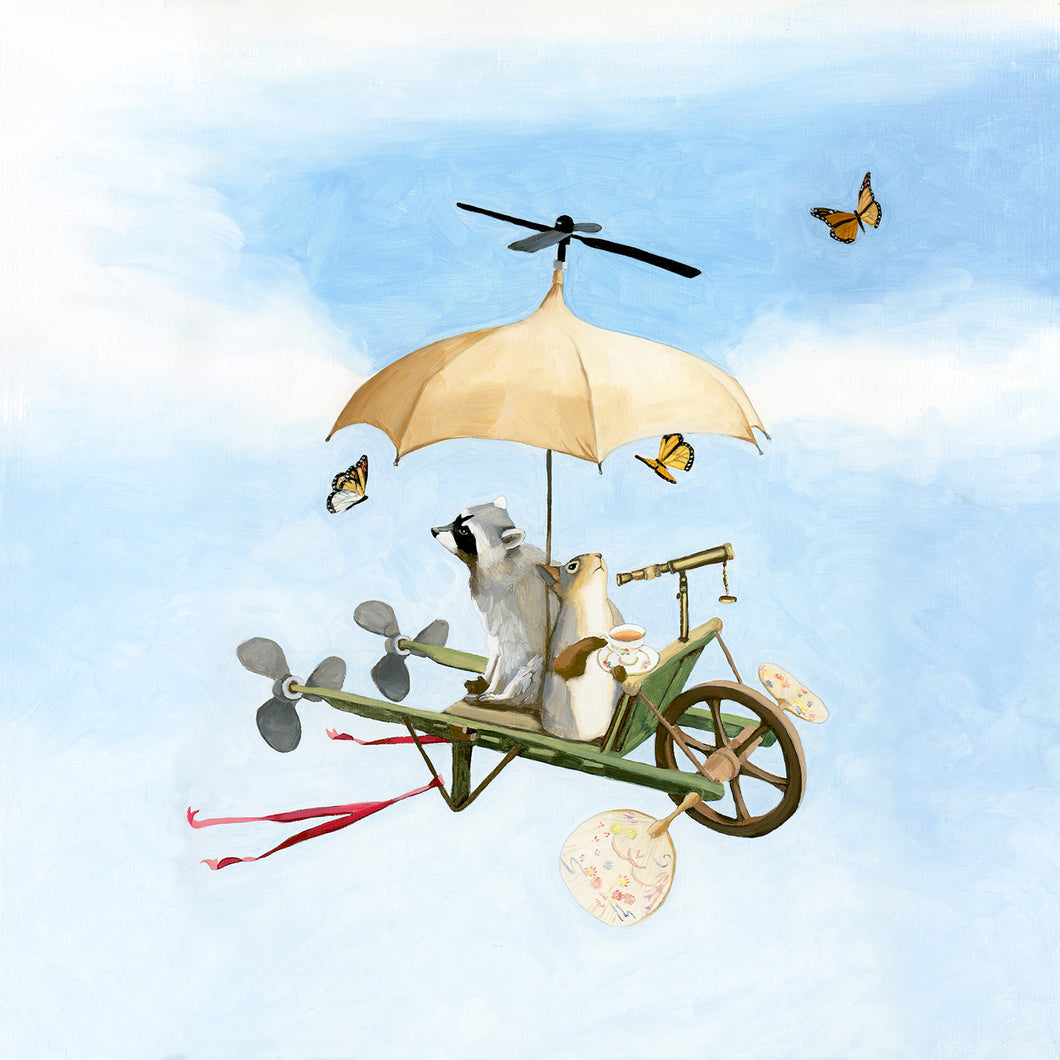 Flying Machine with Squirrel and Raccoon - Art Print