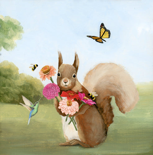 Squirrel w/ Zinnia Bouquet - Art Print