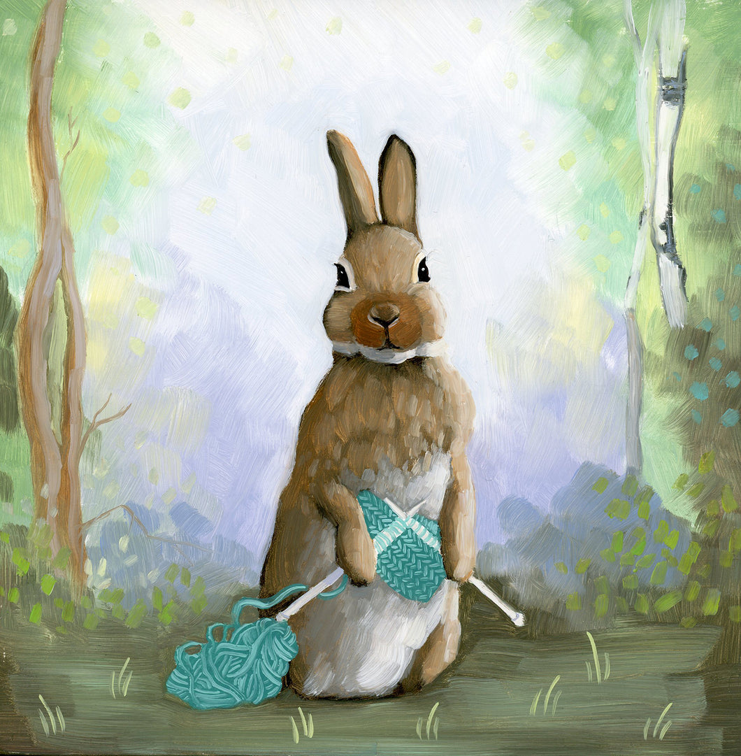 Rabbit Knitting - 8x8 original oil painting