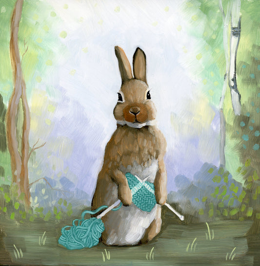 Rabbit Knitting Art Print (8x8)
