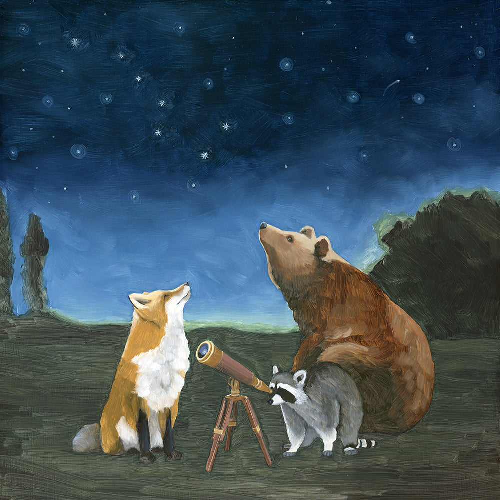 Bear, Fox and Raccoon Stargazing Art Print (8x8)