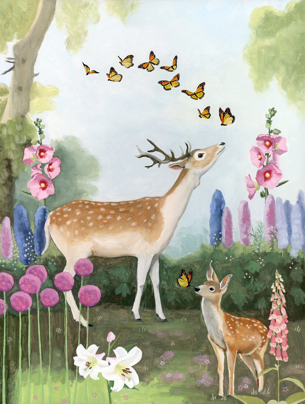 Deer in Flower Garden - Art Print