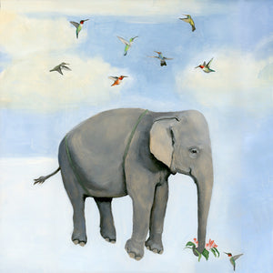 Elephant and Hummingbirds - Art Print