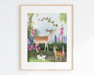 Deer in Flower Garden - Art Print
