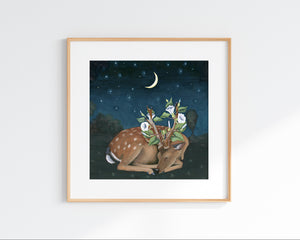 Deer w/ Moonflower and Crescent Moon - Art Print
