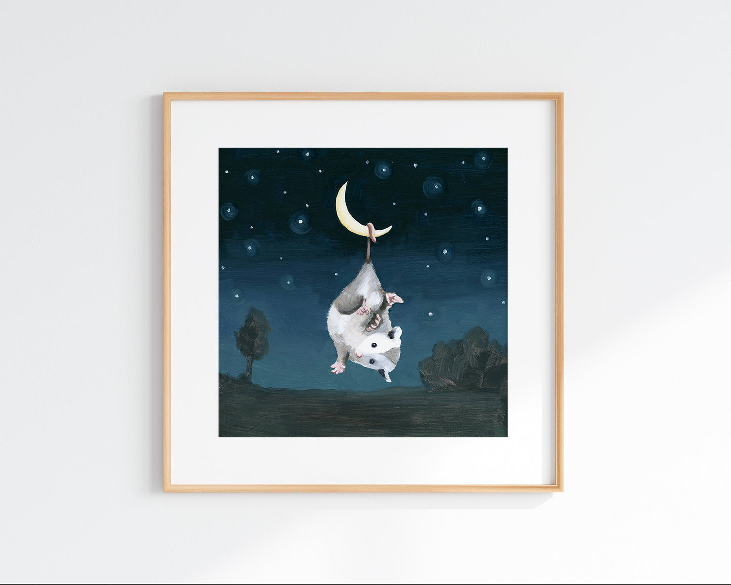 Opossum Hanging On Crescent Moon Art Print (8x8)