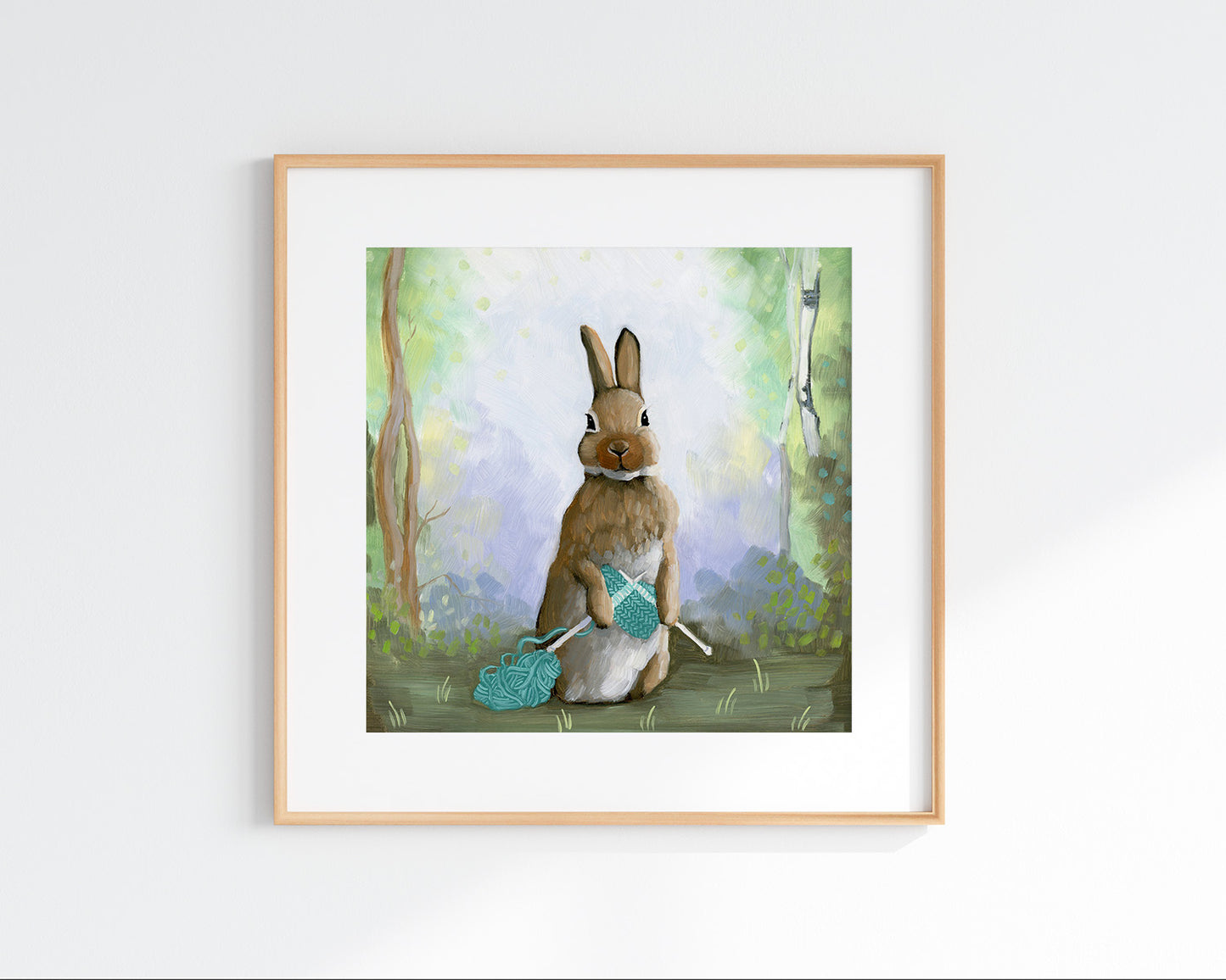 Rabbit Knitting Art Print (8x8)