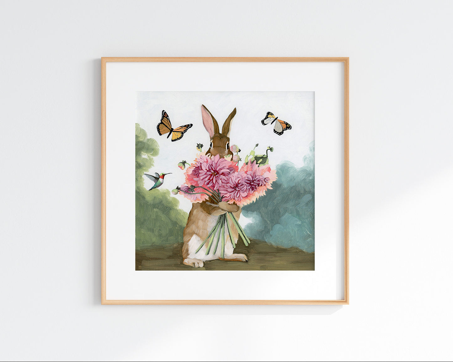 Rabbit w/ Pink Dahlias Art Print (8x8)