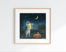 Load image into Gallery viewer, Raccoon Serenading Crescent Moon with Accordion - Art Print
