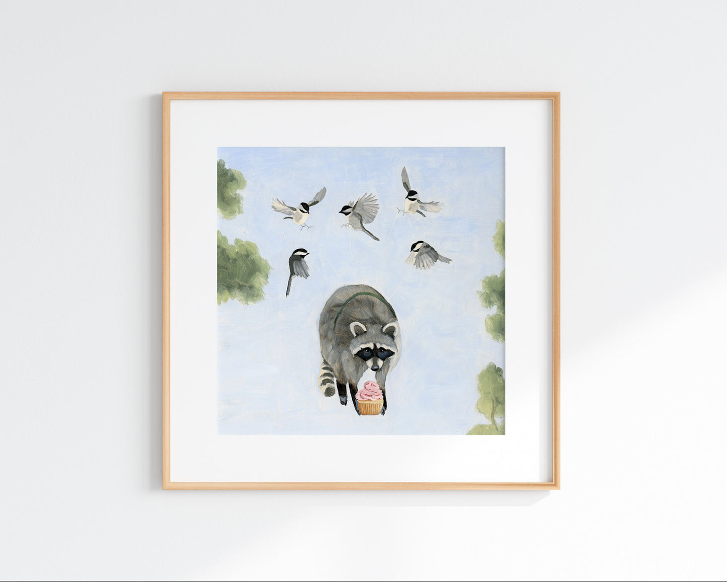 Chickadees and Raccoon w/ Cupcake Art Print (8x8)