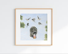 Load image into Gallery viewer, Chickadees and Raccoon w/ Cupcake - Art Print