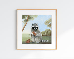 Raccoon Knitting - Art Print