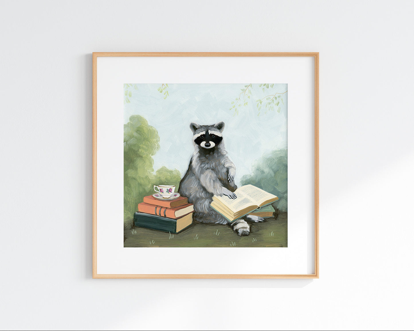 Raccoon w/ Tea and Books Art Print (8x8)