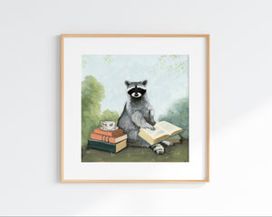 NEW! Raccoon w/ Tea and Books - Art Print