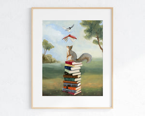 Squirrel and Chickadee w/ Books - Art Print