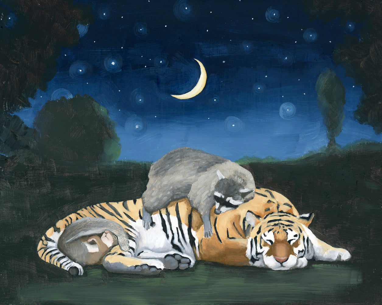 Tiger, Raccoon and Squirrel Sleeping  Art Print (8x10)